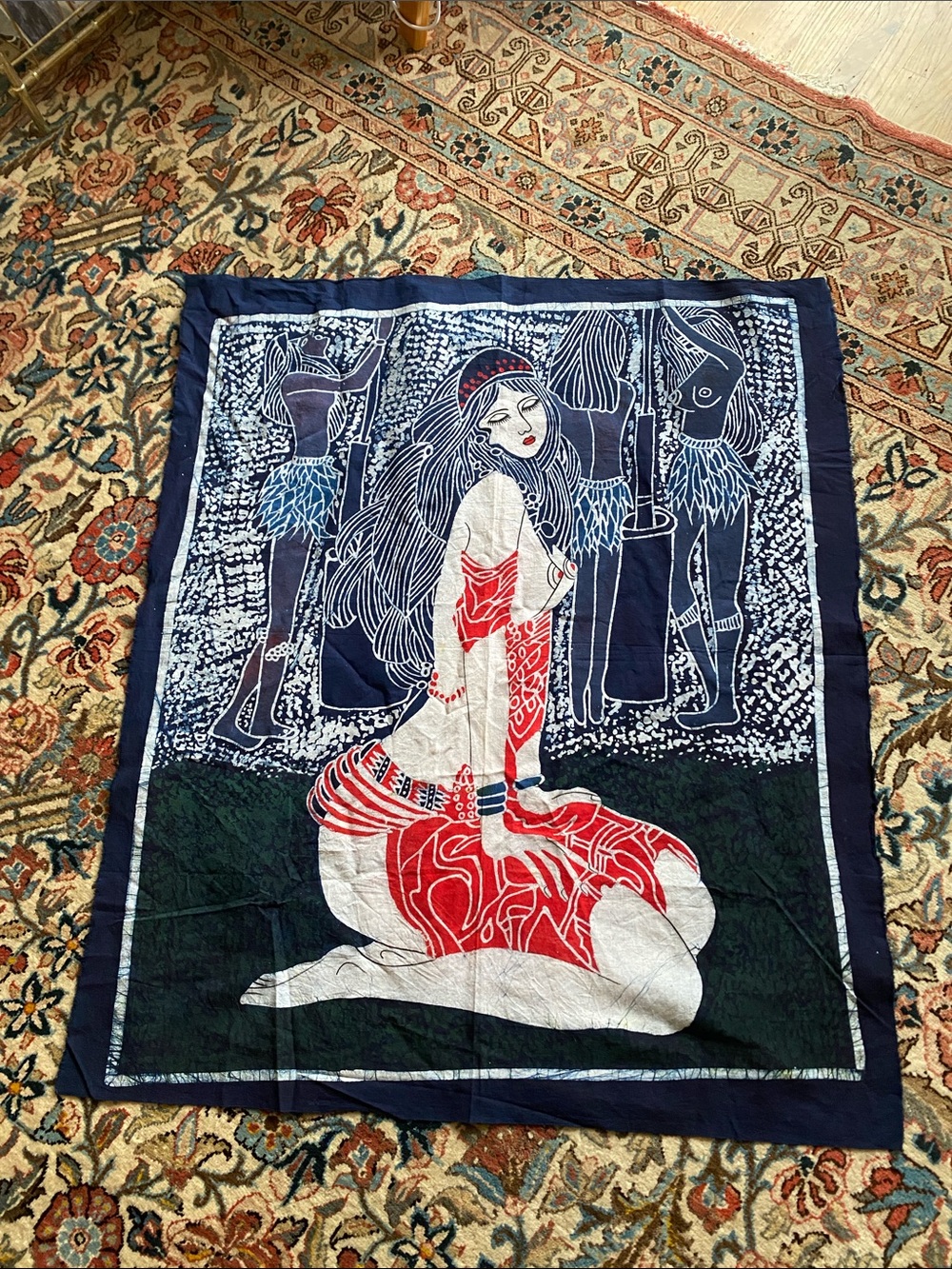 Batik Navy, White and Red Tapestry - Artistic Wall Hanging